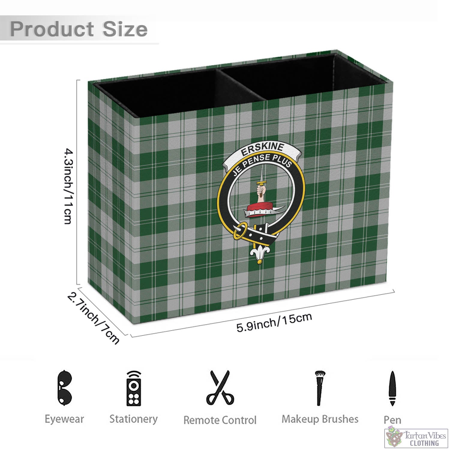 Tartan Vibes Clothing Erskine Green Tartan Pen Holder with Family Crest