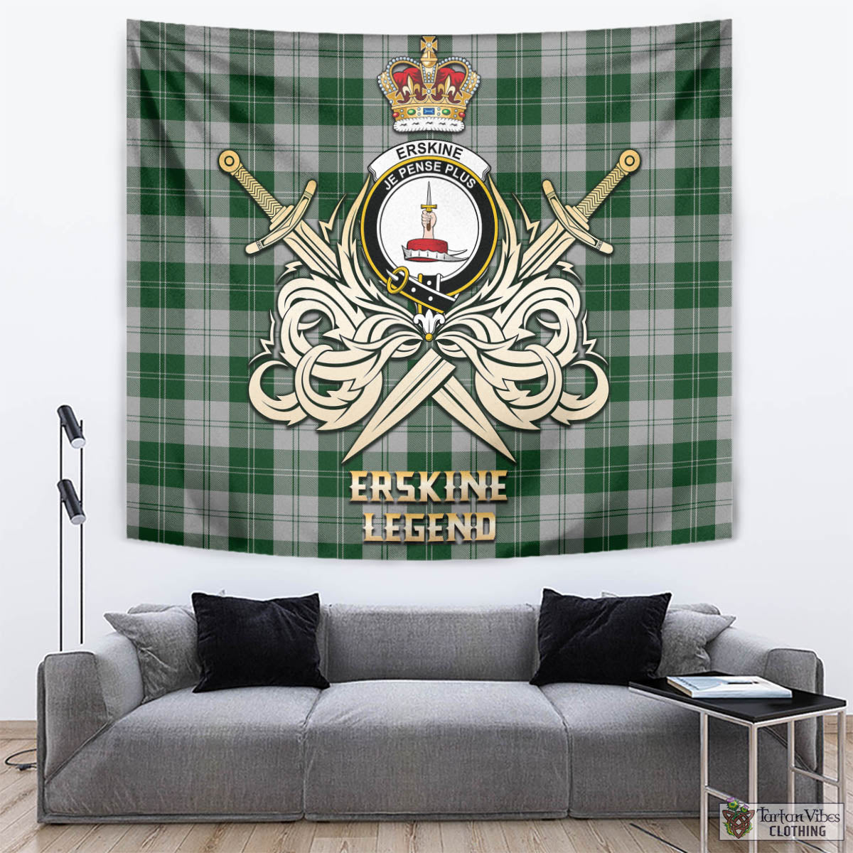 Tartan Vibes Clothing Erskine Green Tartan Tapestry with Clan Crest and the Golden Sword of Courageous Legacy