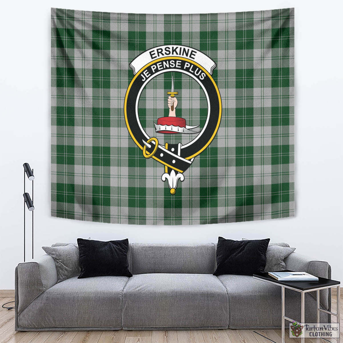 Tartan Vibes Clothing Erskine Green Tartan Tapestry Wall Hanging and Home Decor for Room with Family Crest