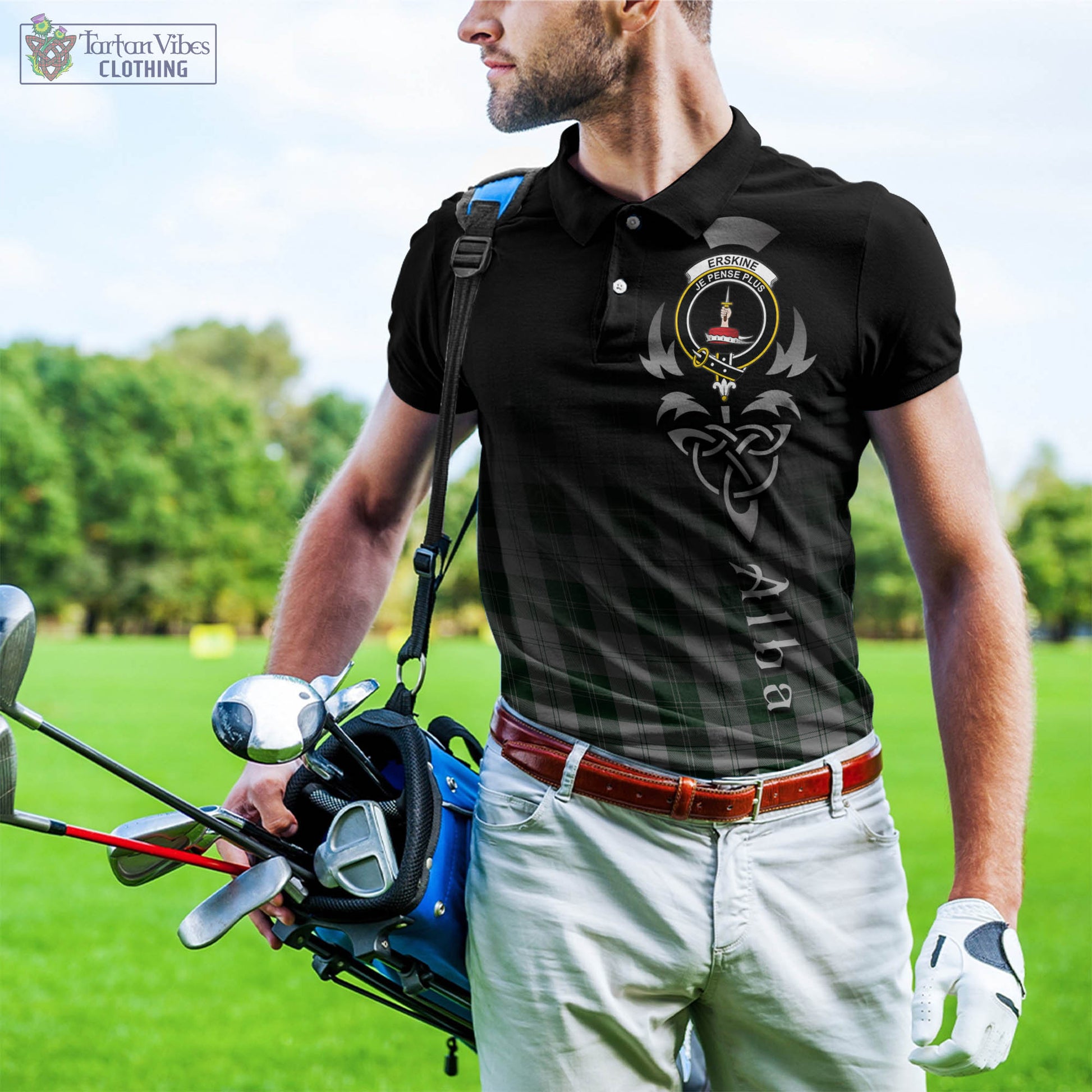 Tartan Vibes Clothing Erskine Green Tartan Polo Shirt Featuring Alba Gu Brath Family Crest Celtic Inspired