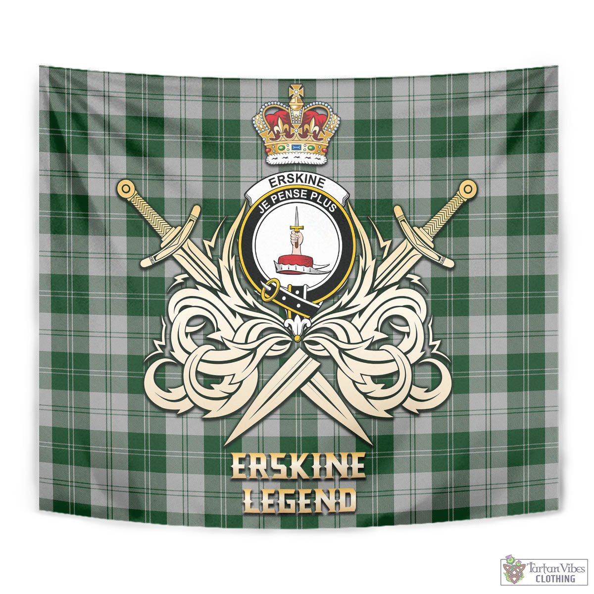 Tartan Vibes Clothing Erskine Green Tartan Tapestry with Clan Crest and the Golden Sword of Courageous Legacy