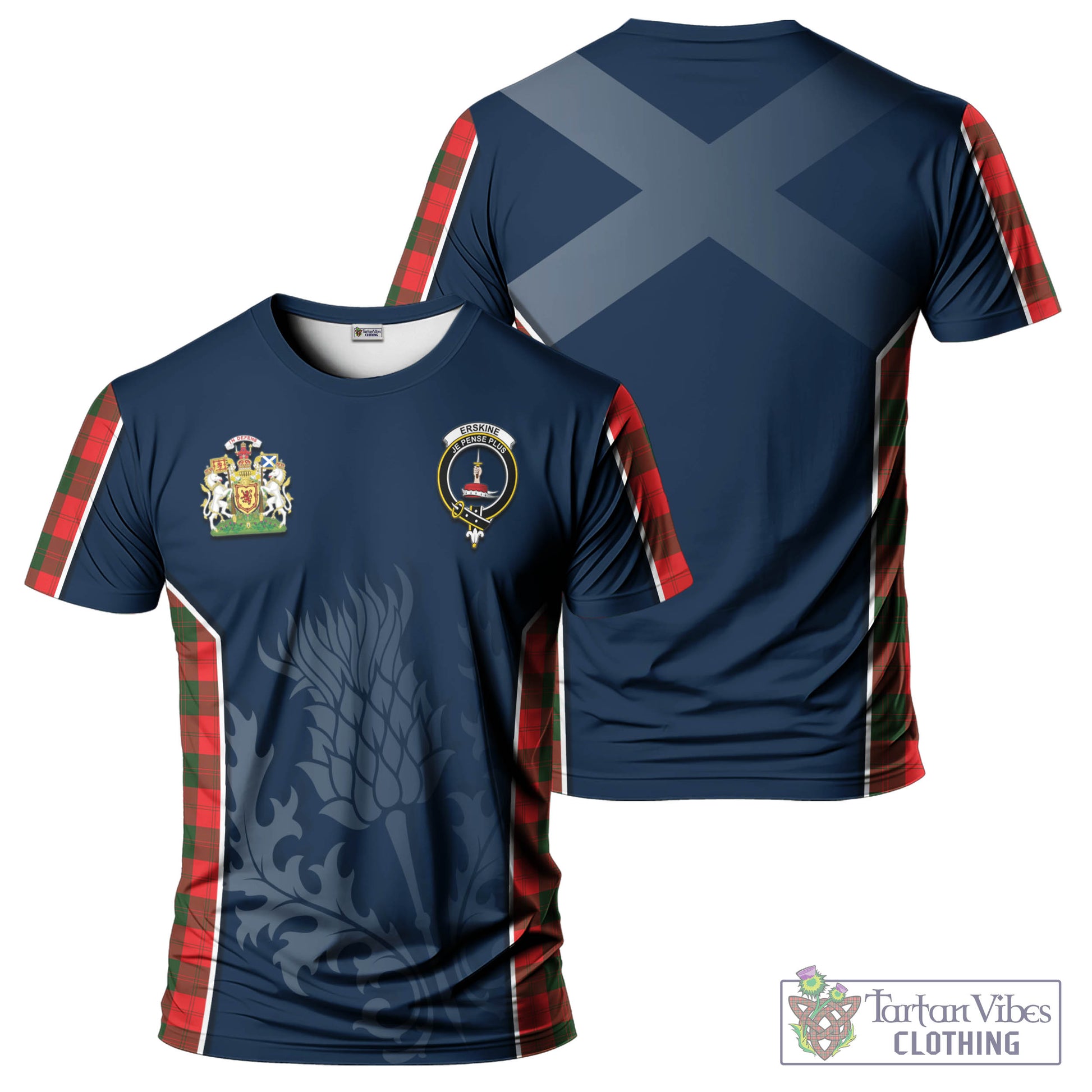 Tartan Vibes Clothing Erskine Modern Tartan T-Shirt with Family Crest and Scottish Thistle Vibes Sport Style