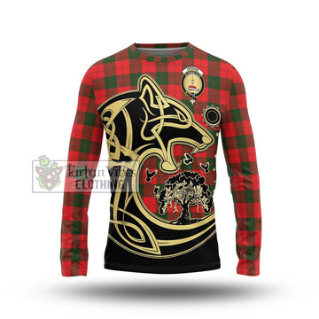 Erskine Modern Tartan Long Sleeve T-Shirt with Family Crest Celtic Wolf Style