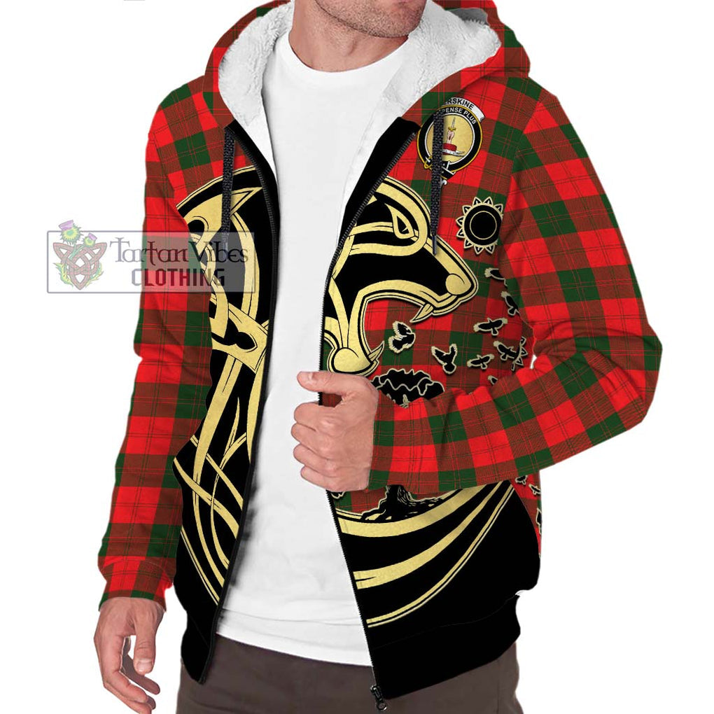 Erskine Modern Tartan Sherpa Hoodie with Family Crest Celtic Wolf Style Unisex S - Tartan Vibes Clothing