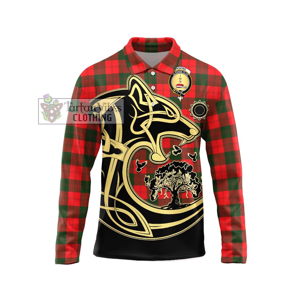 Erskine Modern Tartan Long Sleeve Polo Shirt with Family Crest Celtic Wolf Style Unisex - Tartanvibesclothing Shop