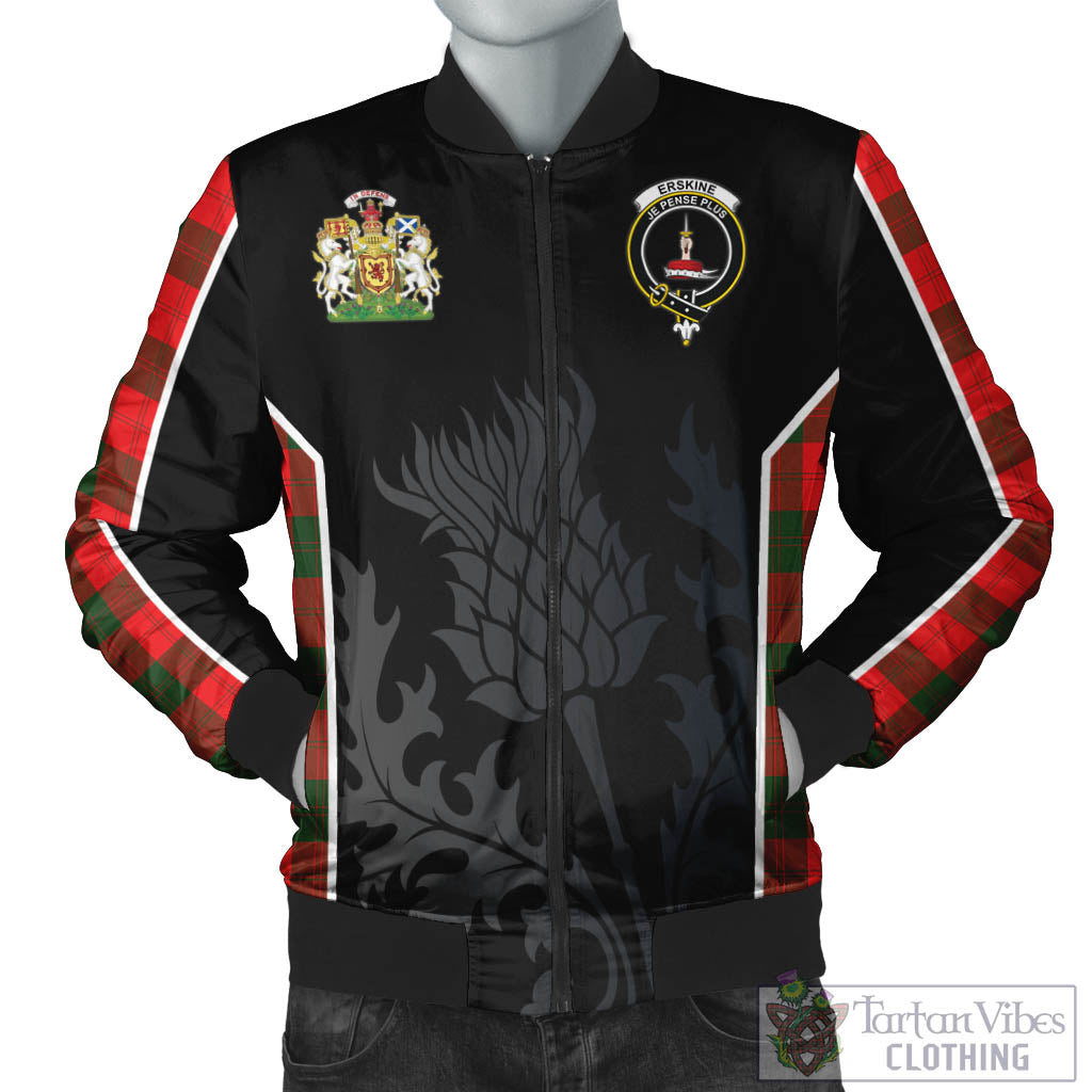 Tartan Vibes Clothing Erskine Modern Tartan Bomber Jacket with Family Crest and Scottish Thistle Vibes Sport Style