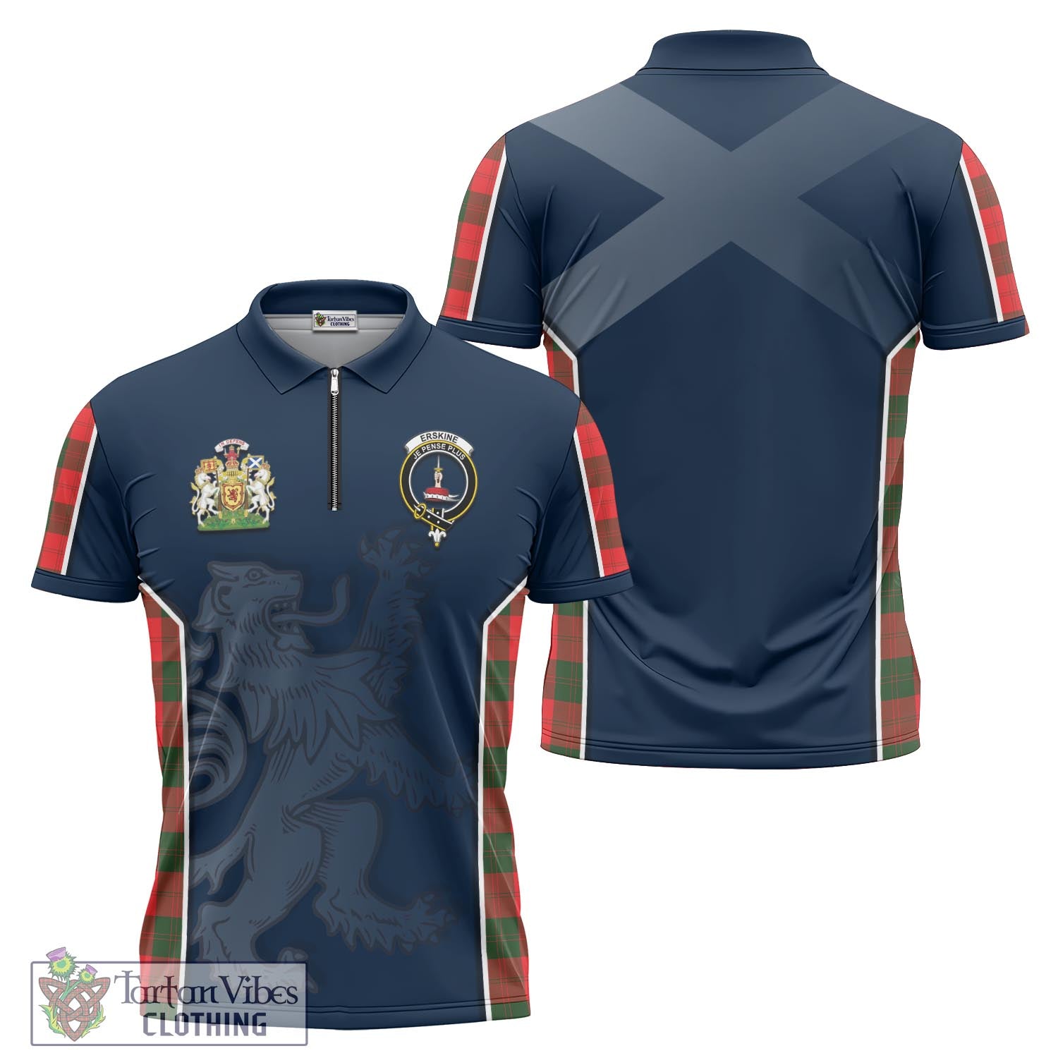 Tartan Vibes Clothing Erskine Modern Tartan Zipper Polo Shirt with Family Crest and Lion Rampant Vibes Sport Style