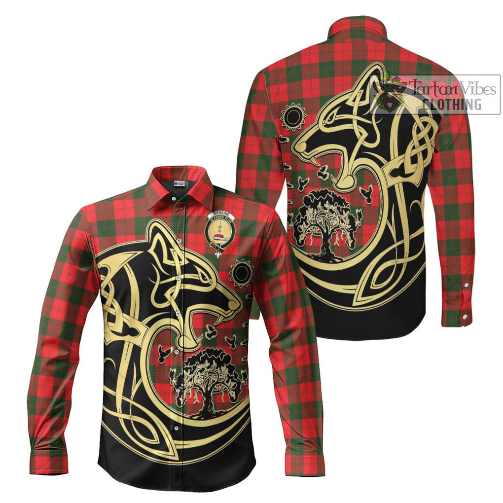 Erskine Modern Tartan Long Sleeve Button Shirt with Family Crest Celtic Wolf Style Men's Shirt S - Tartan Vibes Clothing