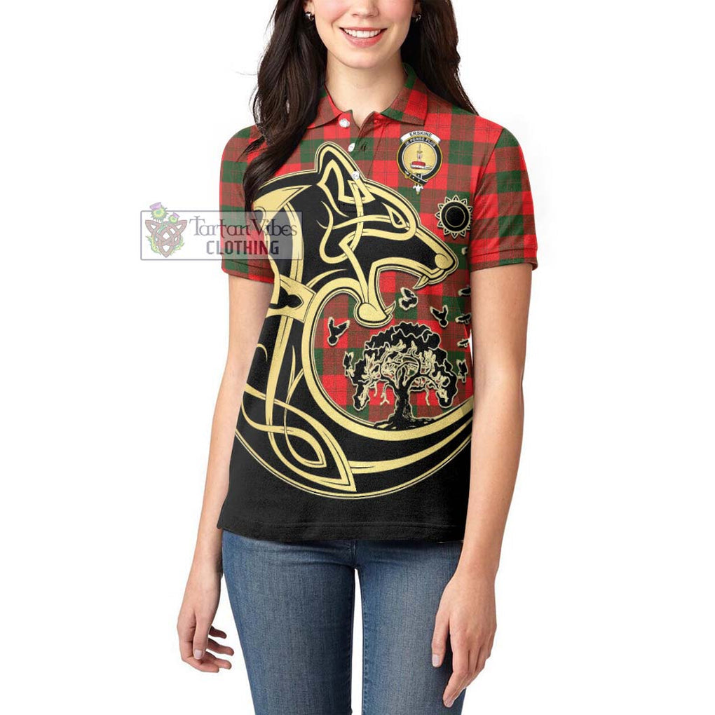 Erskine Modern Tartan Women's Polo Shirt with Family Crest Celtic Wolf Style - Tartanvibesclothing Shop