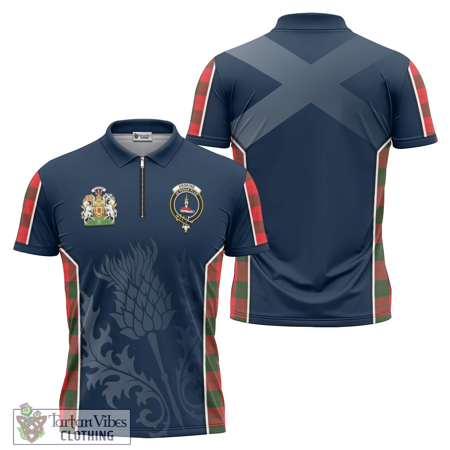 Tartan Vibes Clothing Erskine Modern Tartan Zipper Polo Shirt with Family Crest and Scottish Thistle Vibes Sport Style