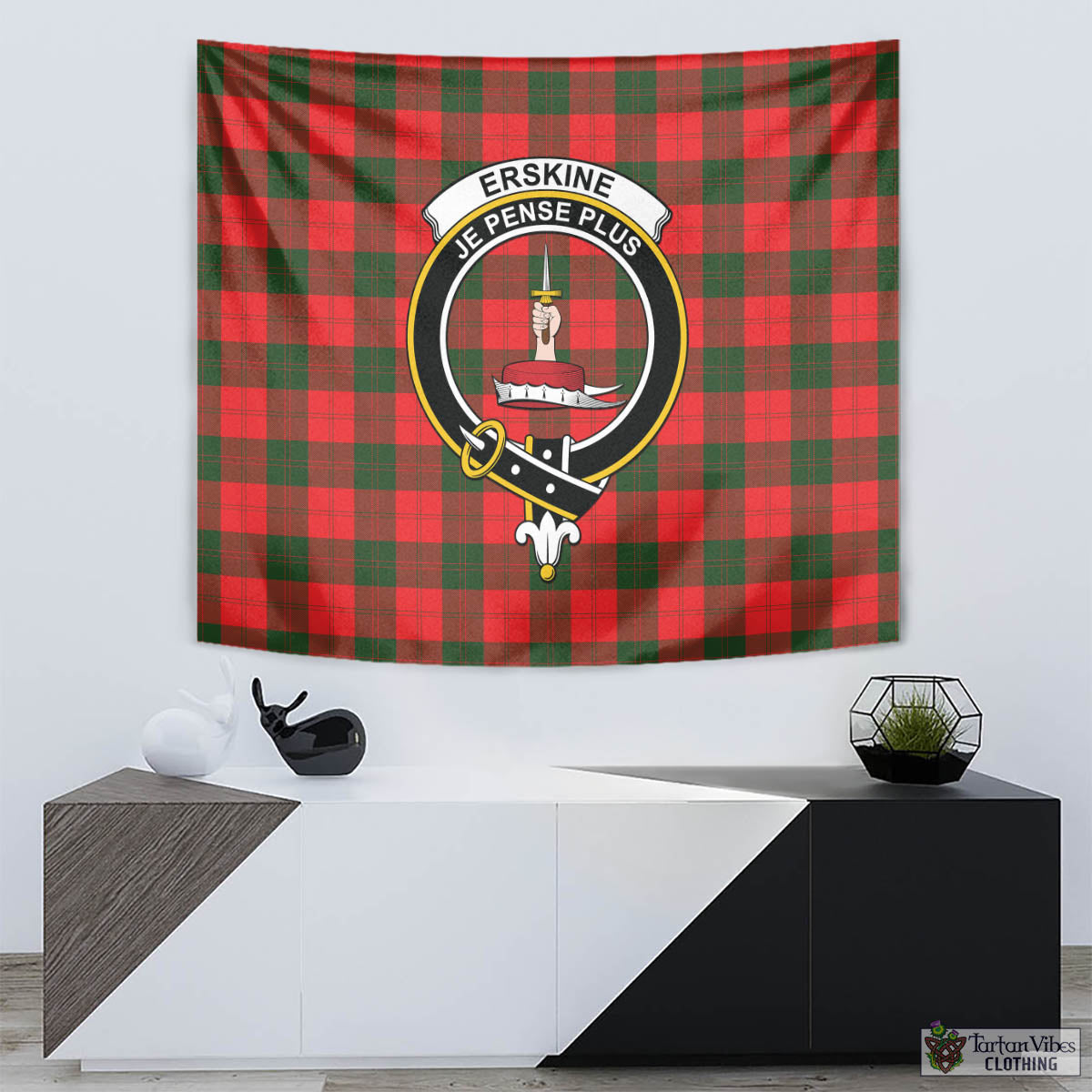 Tartan Vibes Clothing Erskine Modern Tartan Tapestry Wall Hanging and Home Decor for Room with Family Crest