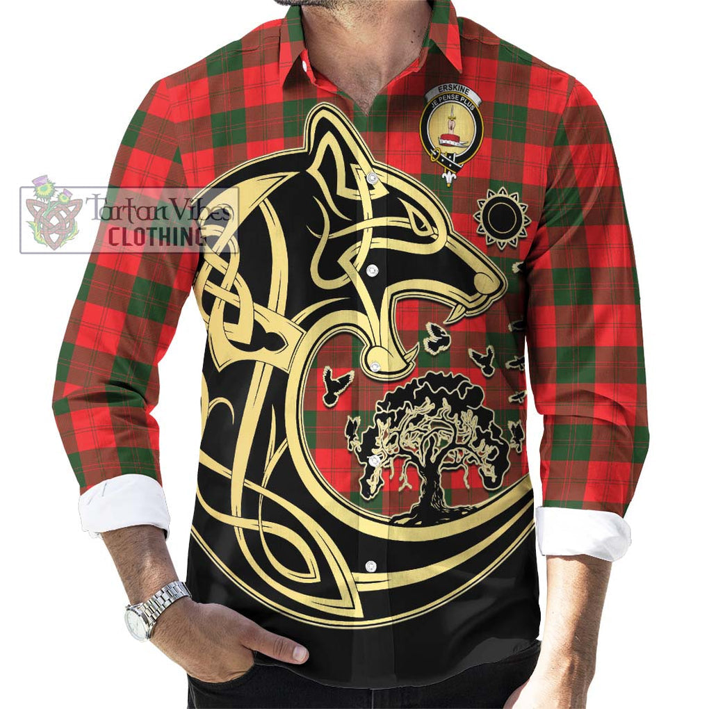 Erskine Modern Tartan Long Sleeve Button Shirt with Family Crest Celtic Wolf Style - Tartan Vibes Clothing