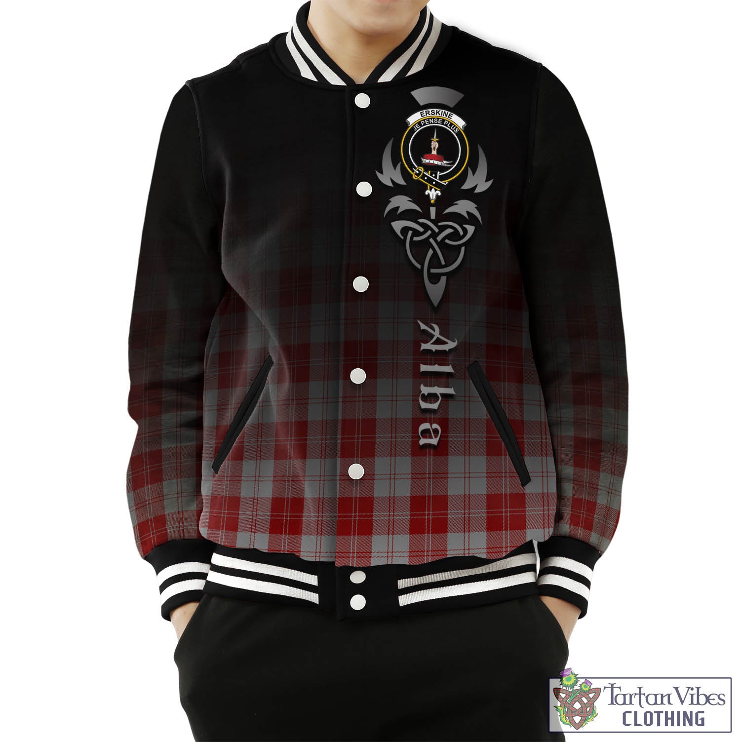 Tartan Vibes Clothing Erskine Red Tartan Baseball Jacket Featuring Alba Gu Brath Family Crest Celtic Inspired