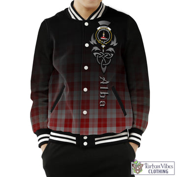 Erskine Red Tartan Baseball Jacket Featuring Alba Gu Brath Family Crest Celtic Inspired