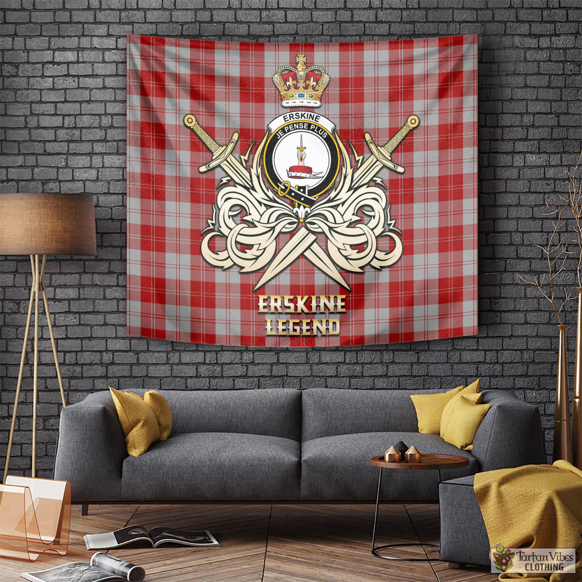 Tartan Vibes Clothing Erskine Red Tartan Tapestry with Clan Crest and the Golden Sword of Courageous Legacy