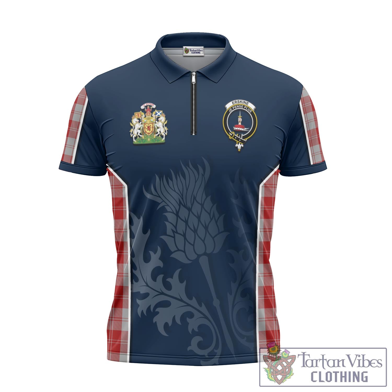 Tartan Vibes Clothing Erskine Red Tartan Zipper Polo Shirt with Family Crest and Scottish Thistle Vibes Sport Style