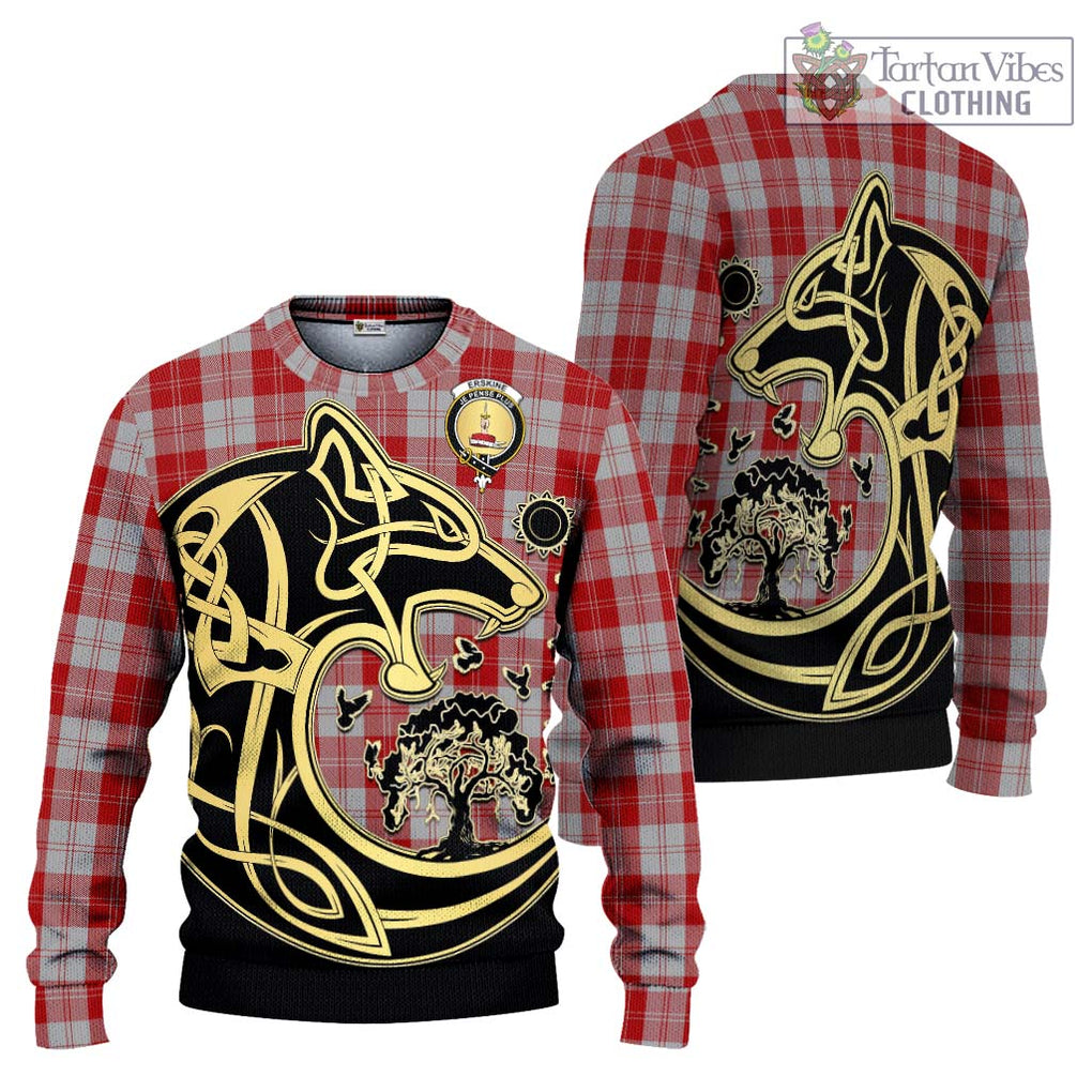 Erskine Red Tartan Knitted Sweater with Family Crest Celtic Wolf Style Unisex - Tartan Vibes Clothing