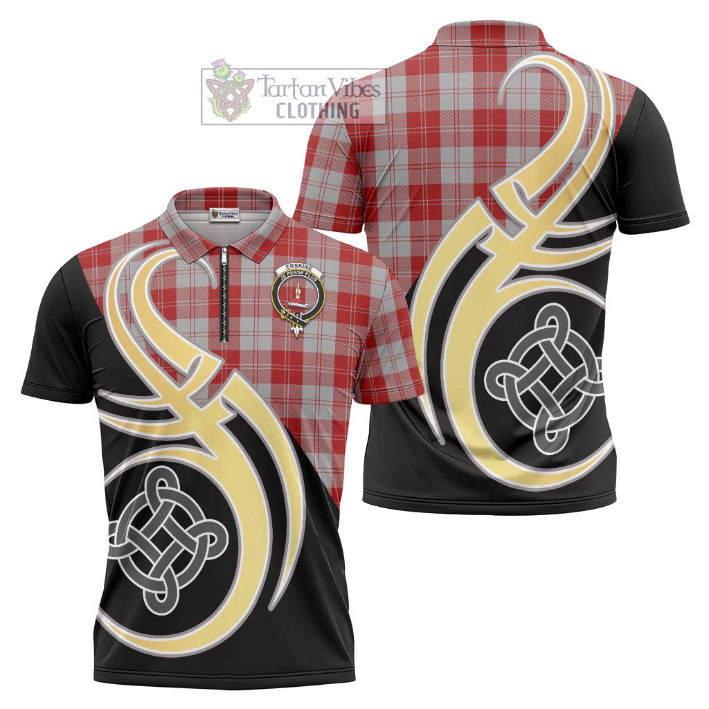 Tartan Vibes Clothing Erskine Red Tartan Zipper Polo Shirt with Family Crest and Celtic Symbol Style