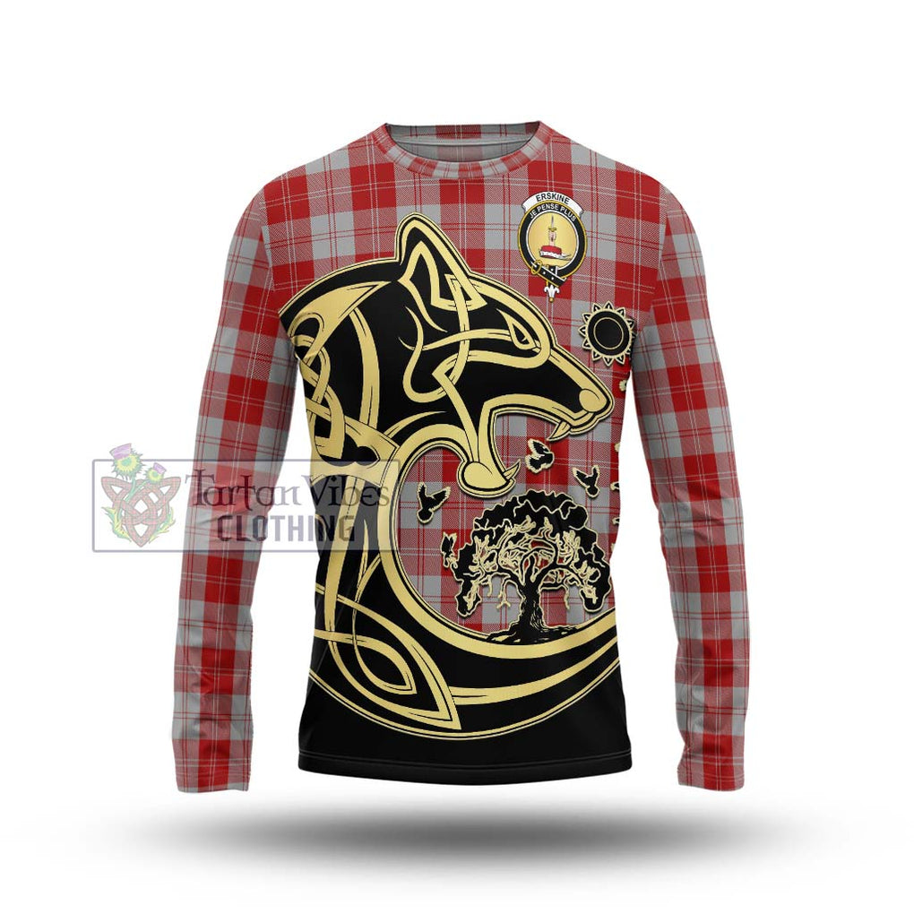 Erskine Red Tartan Long Sleeve T-Shirt with Family Crest Celtic Wolf Style Unisex - Tartan Vibes Clothing