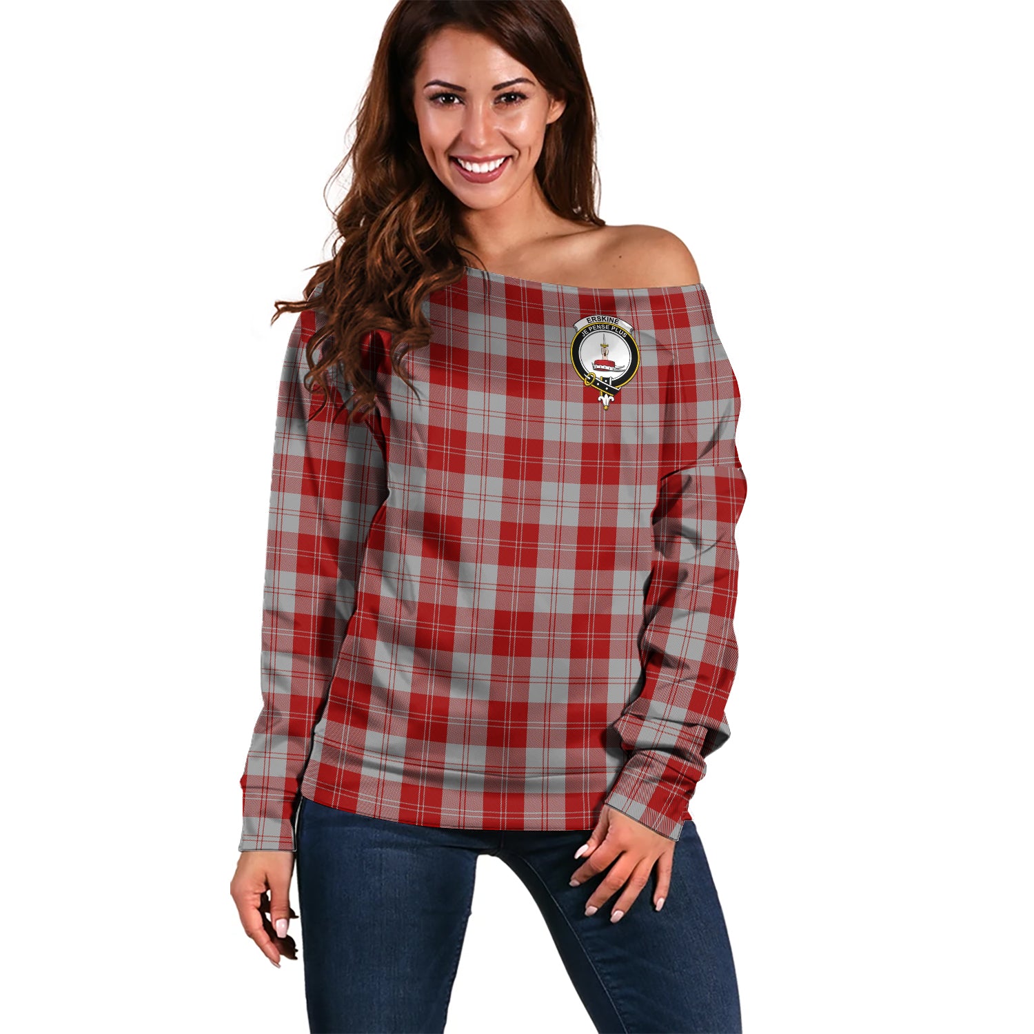 Erskine Red Tartan Off Shoulder Women Sweater with Family Crest ...
