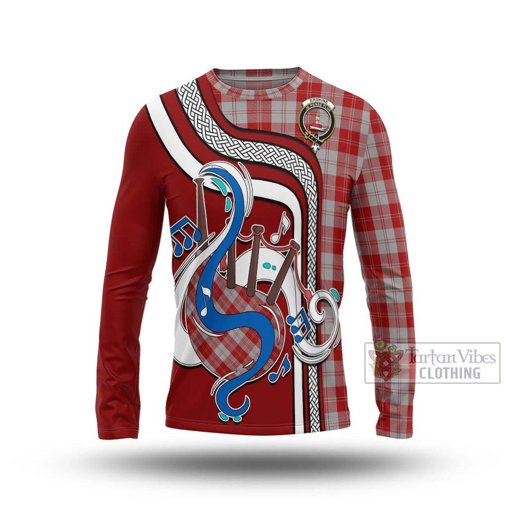 Tartan Vibes Clothing Erskine Red Tartan Long Sleeve T-Shirt with Epic Bagpipe Style