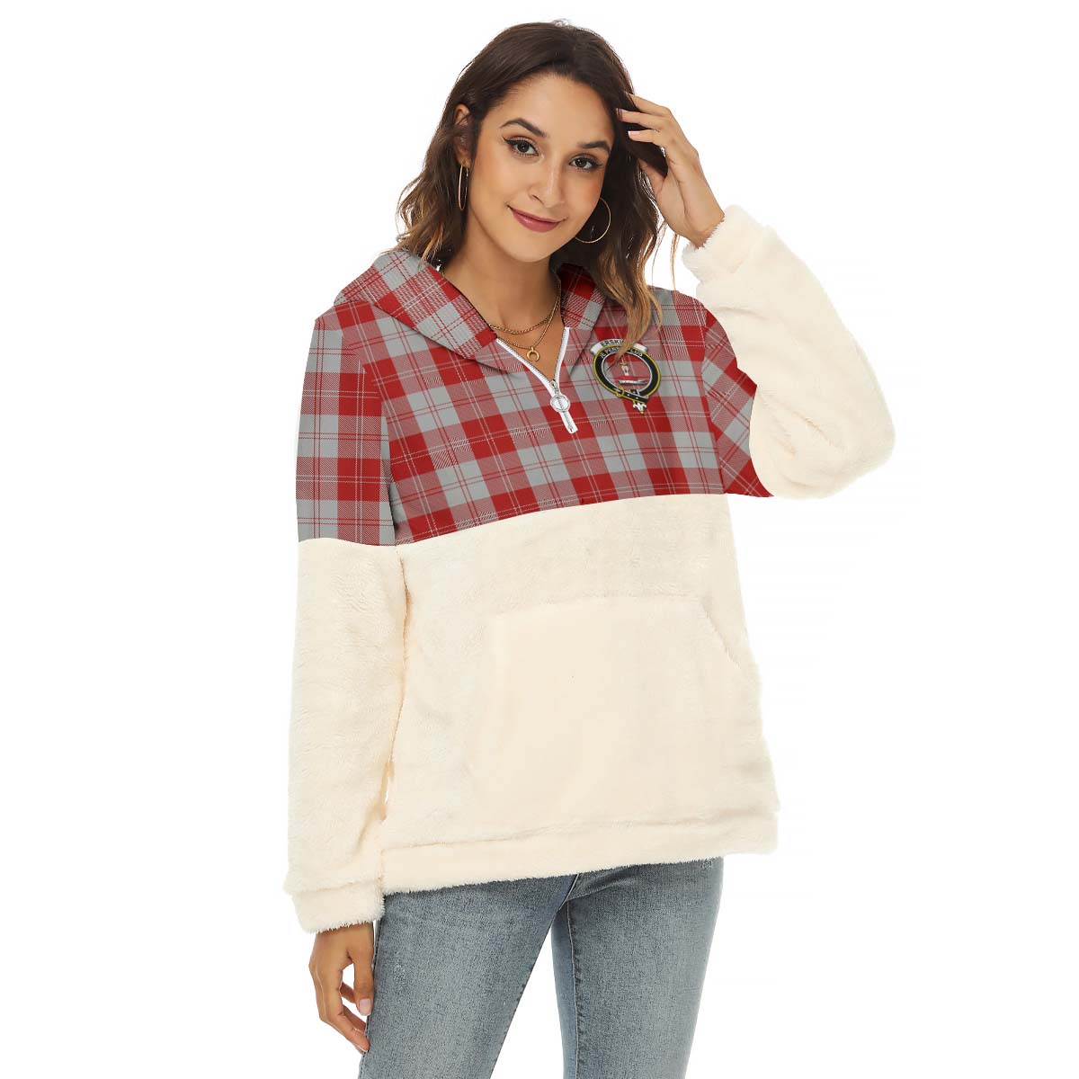 Erskine Red Tartan Women's Borg Fleece Hoodie With Half Zip with Famil