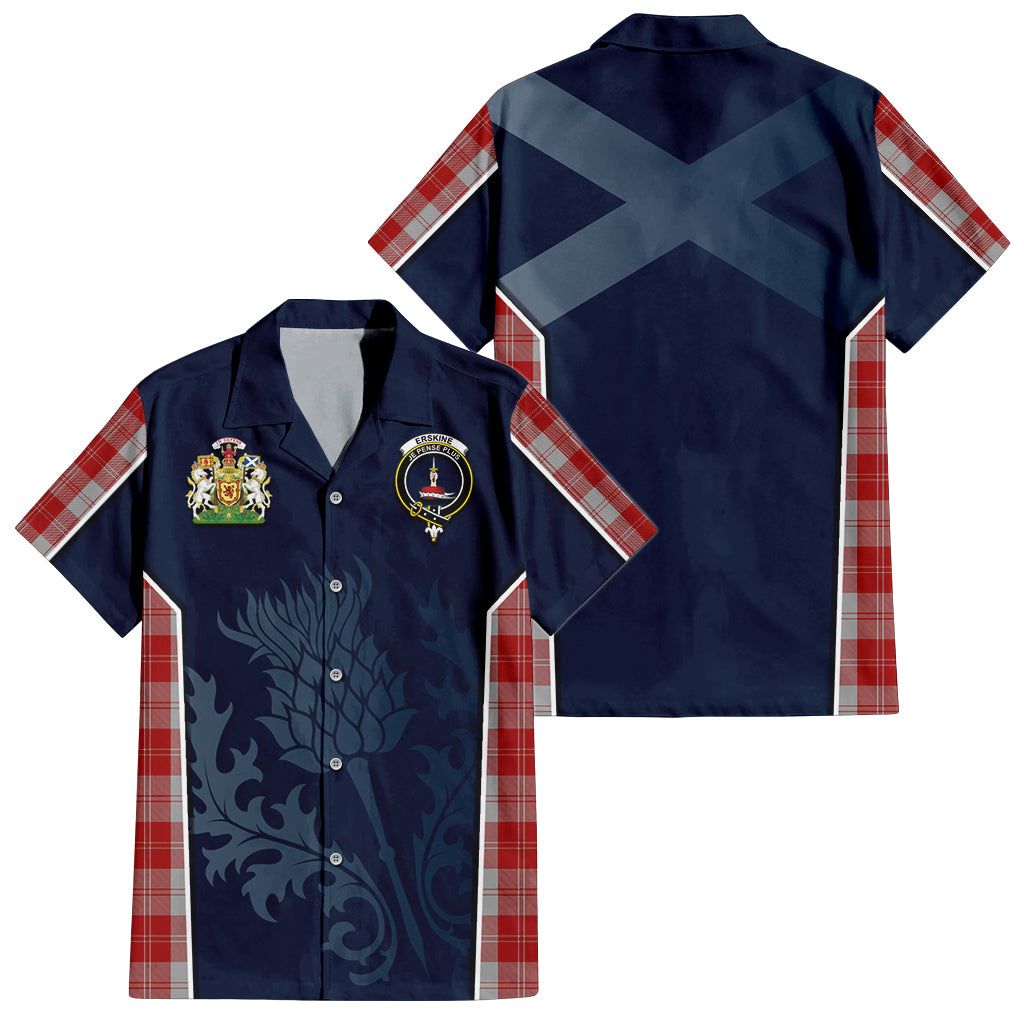 Tartan Vibes Clothing Erskine Red Tartan Short Sleeve Button Up Shirt with Family Crest and Scottish Thistle Vibes Sport Style