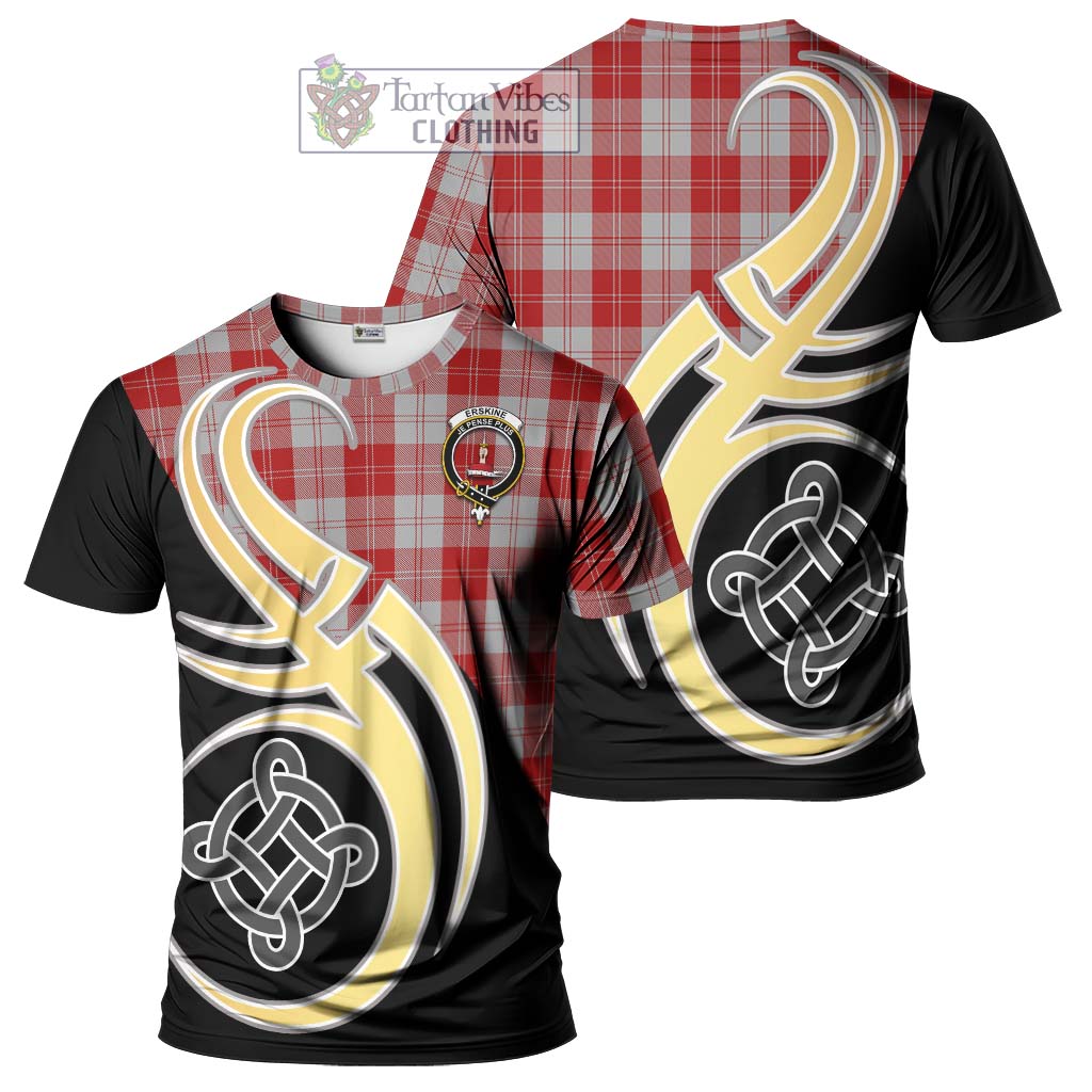 Tartan Vibes Clothing Erskine Red Tartan T-Shirt with Family Crest and Celtic Symbol Style