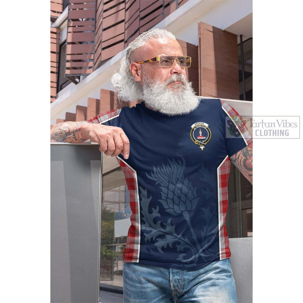 Tartan Vibes Clothing Erskine Red Tartan Cotton T-shirt with Family Crest and Scottish Thistle Vibes Sport Style