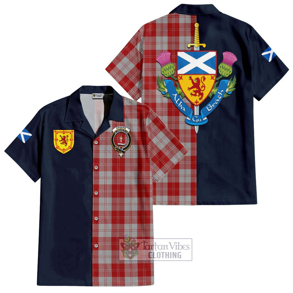 Tartan Vibes Clothing Erskine Red Tartan Short Sleeve Button Shirt with Scottish Lion Royal Arm Half Style