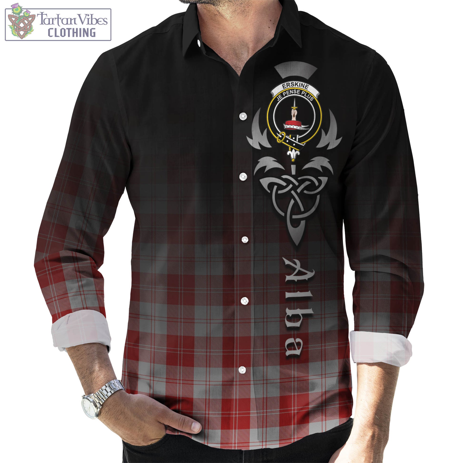 Tartan Vibes Clothing Erskine Red Tartan Long Sleeve Button Up Featuring Alba Gu Brath Family Crest Celtic Inspired