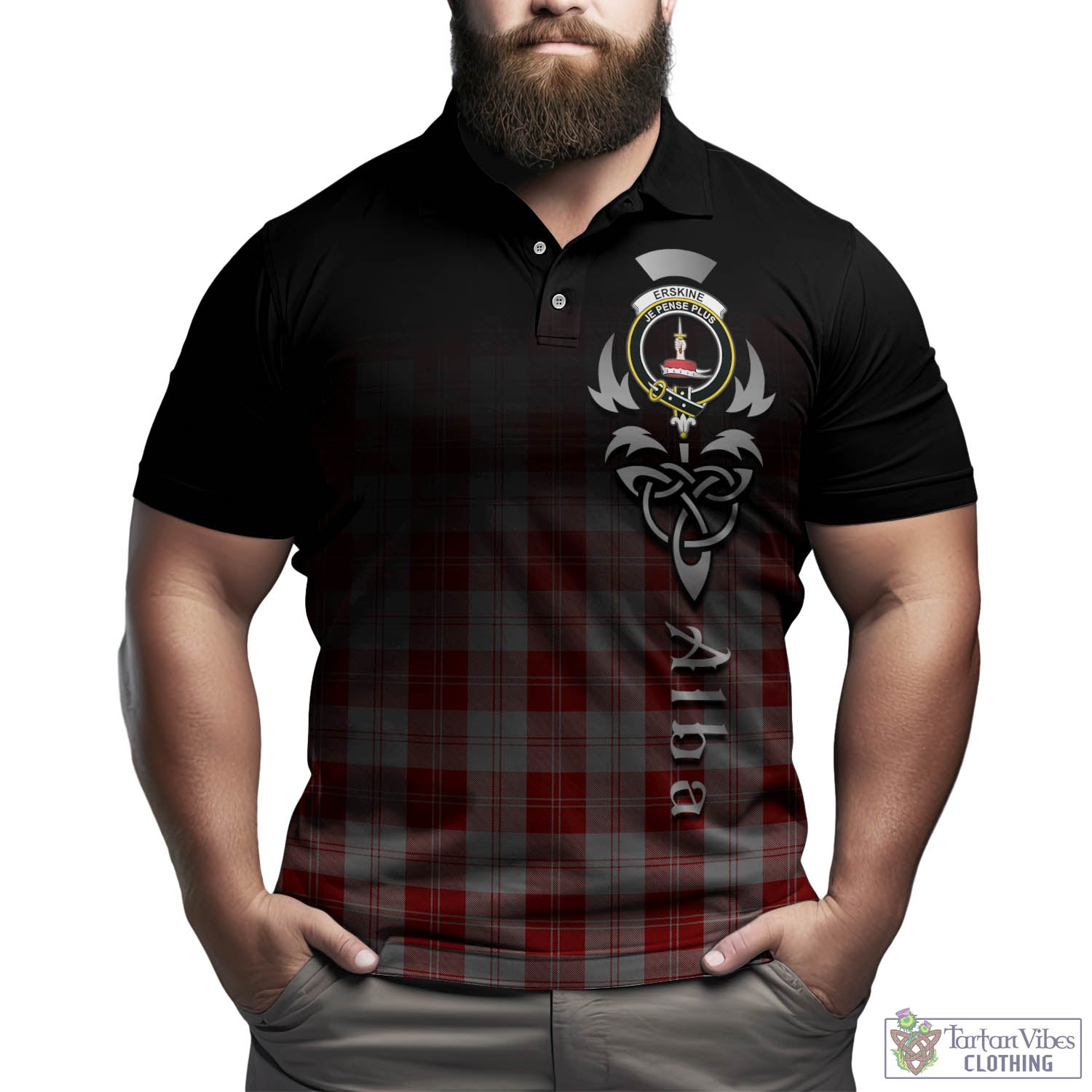 Tartan Vibes Clothing Erskine Red Tartan Polo Shirt Featuring Alba Gu Brath Family Crest Celtic Inspired