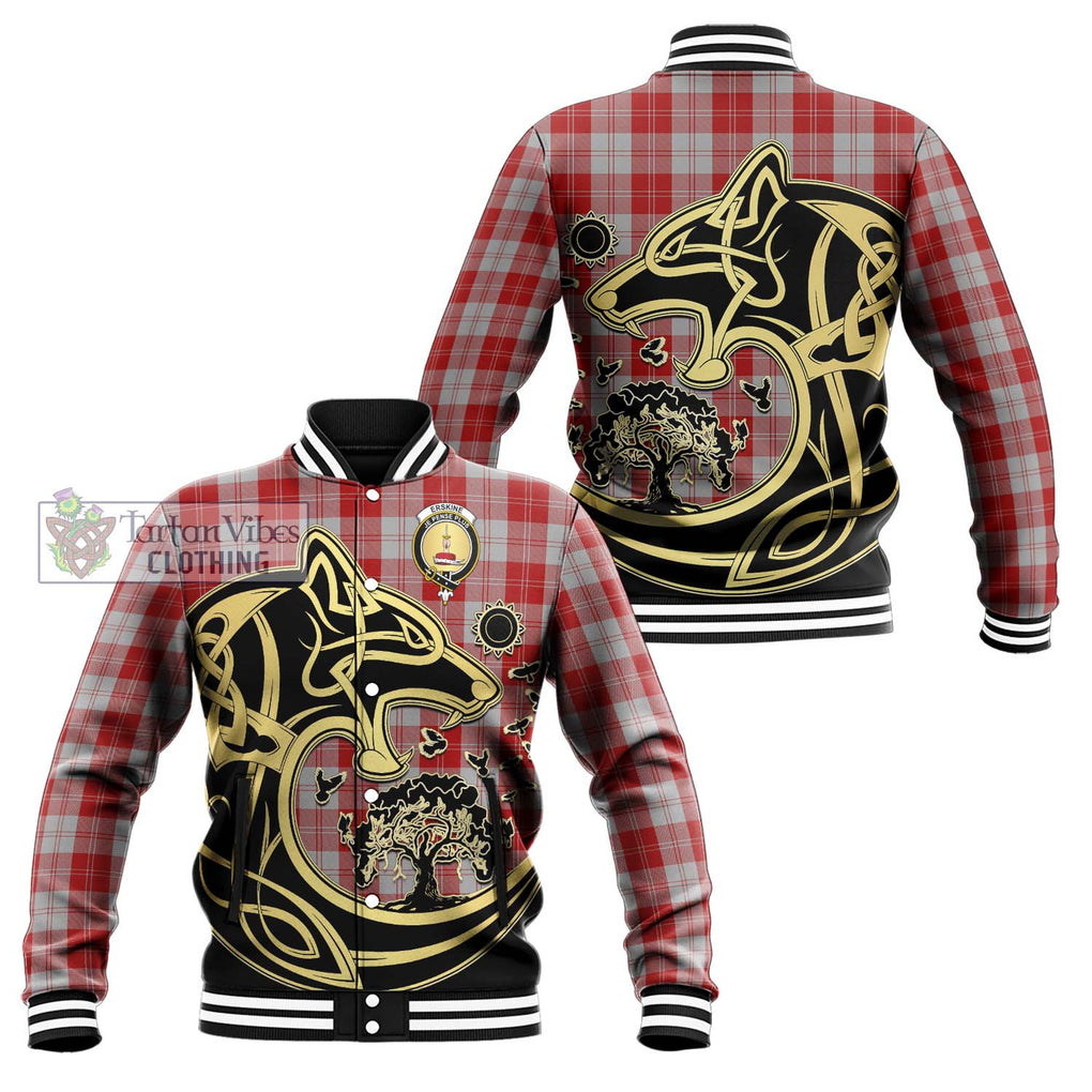 Erskine Red Tartan Baseball Jacket with Family Crest Celtic Wolf Style Unisex - Tartan Vibes Clothing