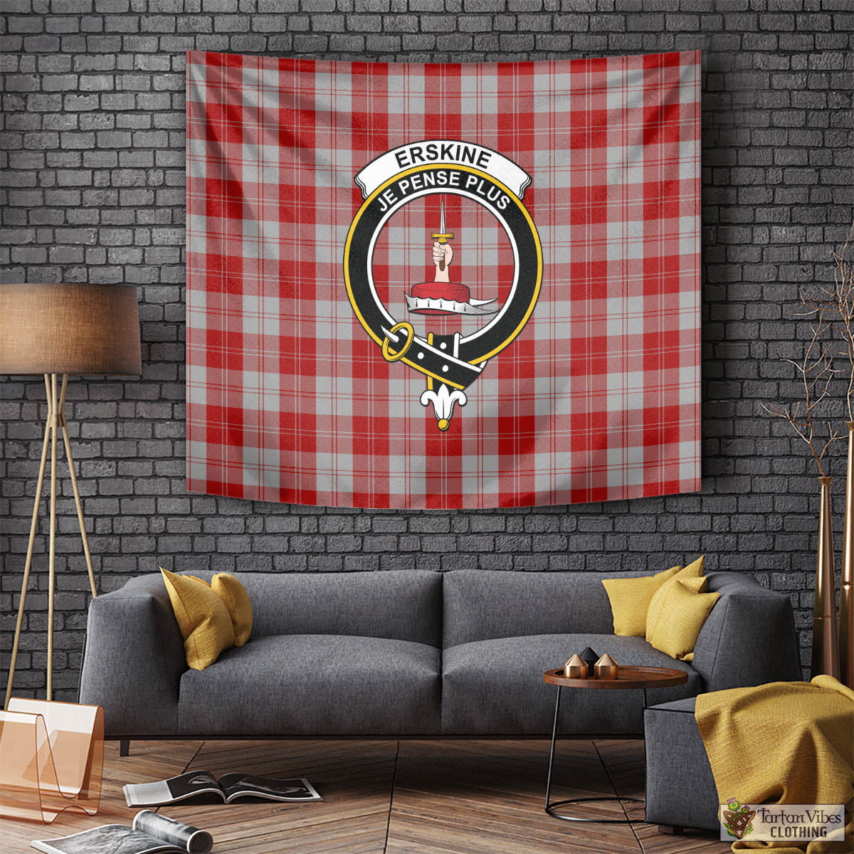 Tartan Vibes Clothing Erskine Red Tartan Tapestry Wall Hanging and Home Decor for Room with Family Crest