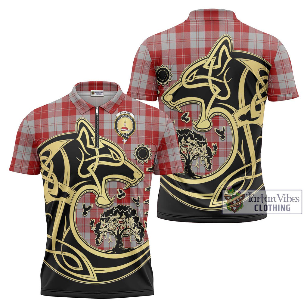 Erskine Red Tartan Zipper Polo Shirt with Family Crest Celtic Wolf Style Unisex - Tartanvibesclothing Shop