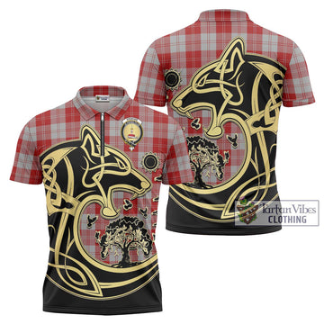 Erskine Red Tartan Zipper Polo Shirt with Family Crest Celtic Wolf Style