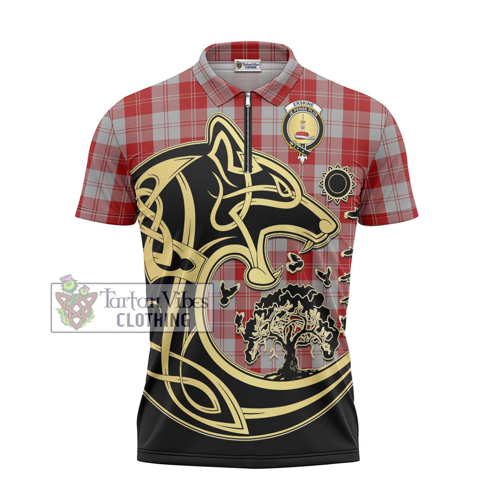 Erskine Red Tartan Zipper Polo Shirt with Family Crest Celtic Wolf Style - Tartanvibesclothing Shop