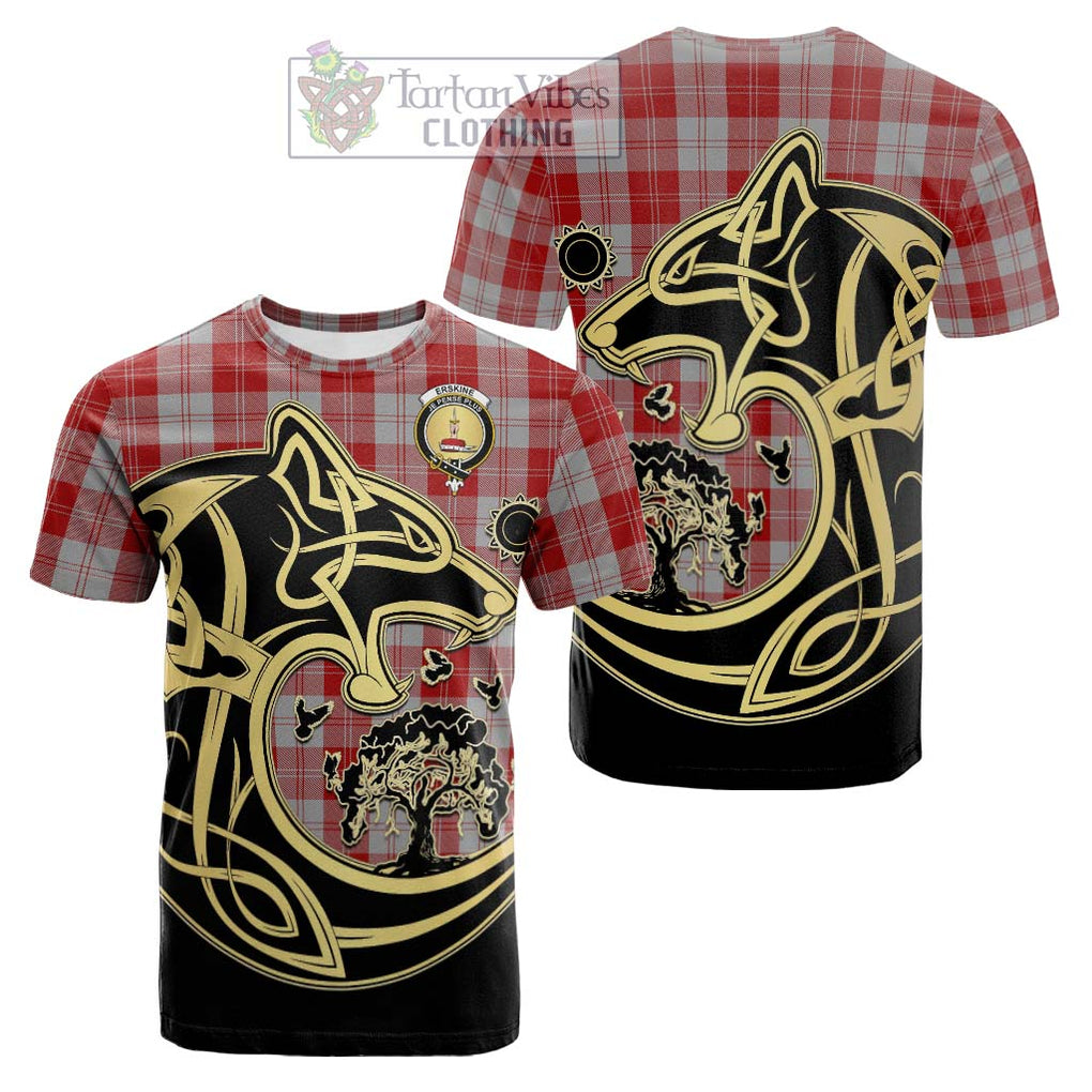 Tartan Vibes Clothing Erskine Red Tartan Cotton T-shirt with Family Crest Celtic Wolf Style