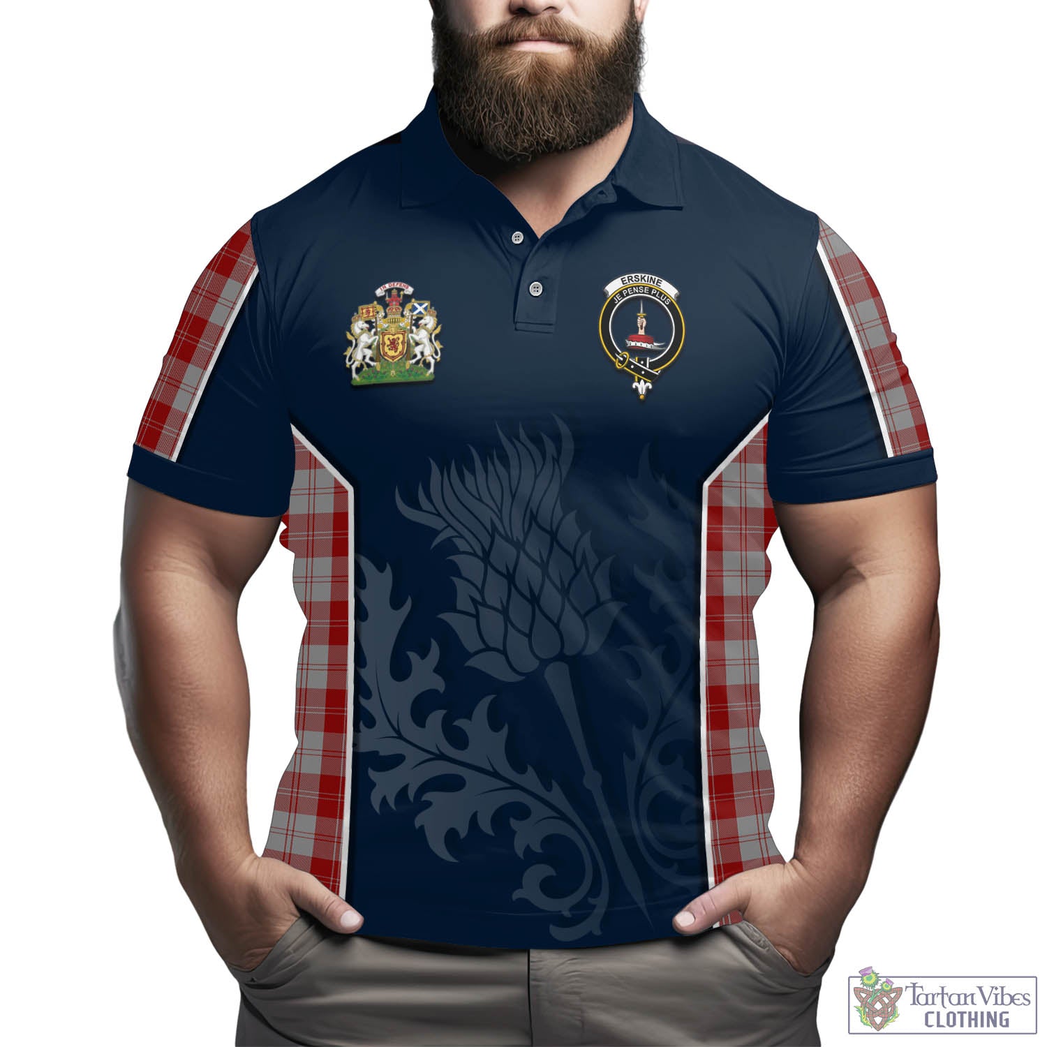 Tartan Vibes Clothing Erskine Red Tartan Men's Polo Shirt with Family Crest and Scottish Thistle Vibes Sport Style