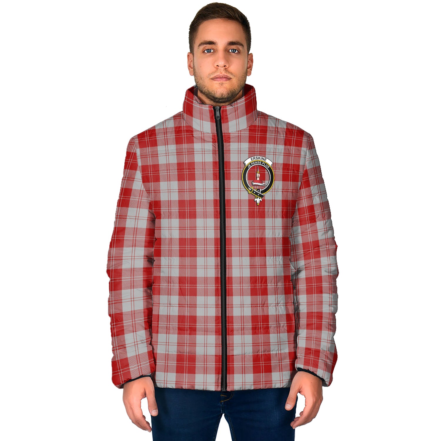 Erskine Red Tartan Padded Jacket with Family Crest - Tartan Vibes Clothing