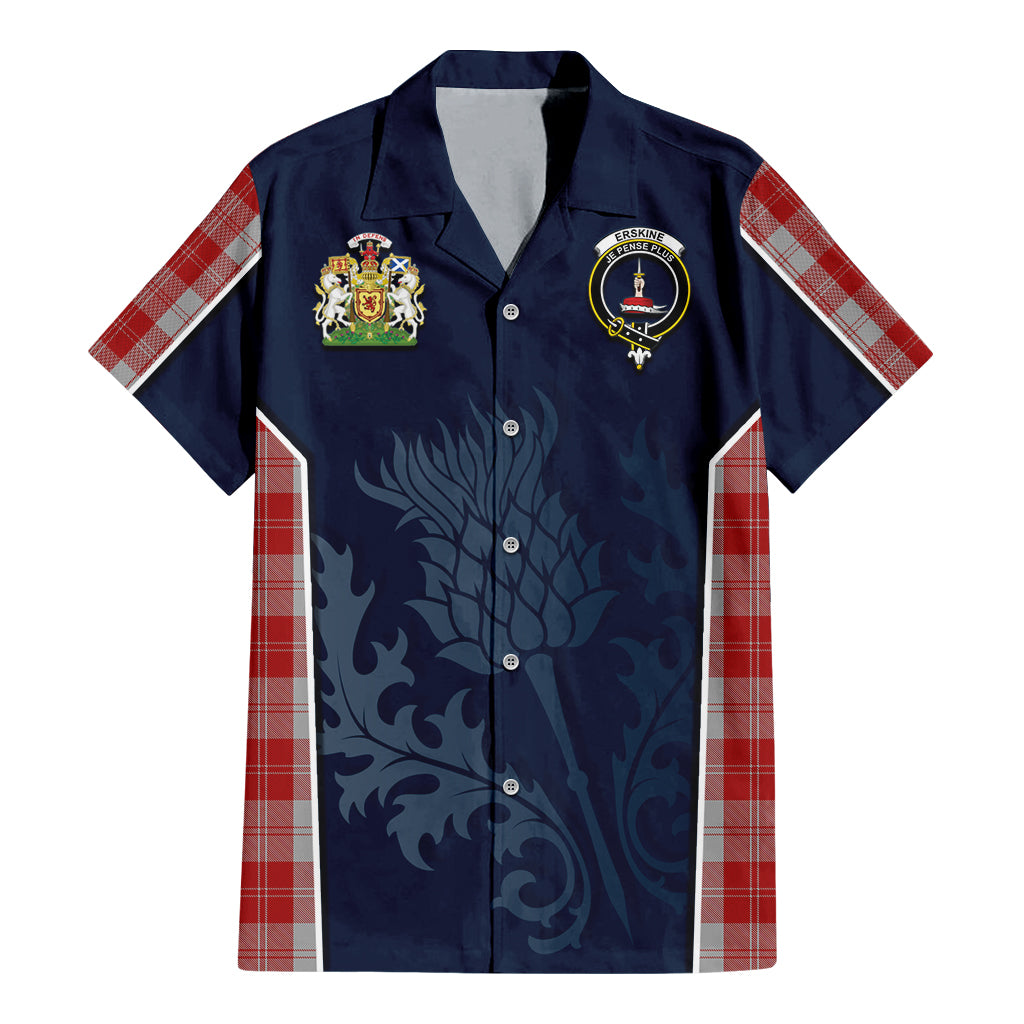 Tartan Vibes Clothing Erskine Red Tartan Short Sleeve Button Up Shirt with Family Crest and Scottish Thistle Vibes Sport Style