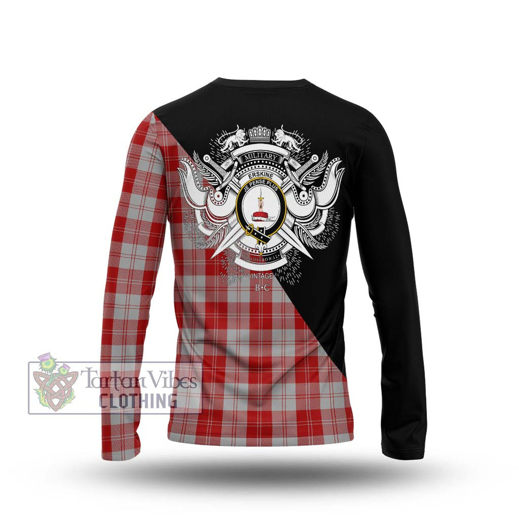 Erskine Red Tartan Long Sleeve T-Shirt with Family Crest and Military Logo Style - Tartanvibesclothing Shop