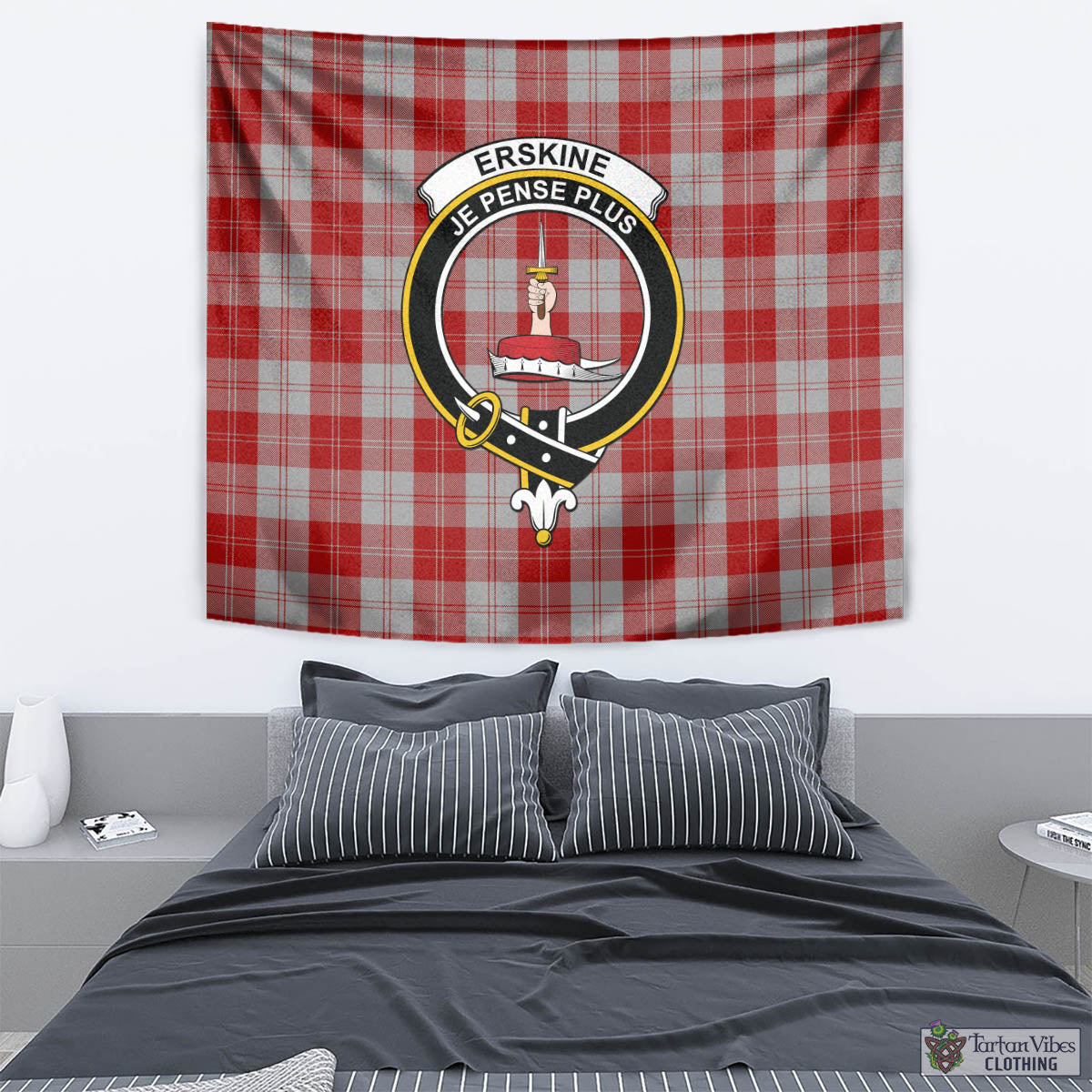 Tartan Vibes Clothing Erskine Red Tartan Tapestry Wall Hanging and Home Decor for Room with Family Crest