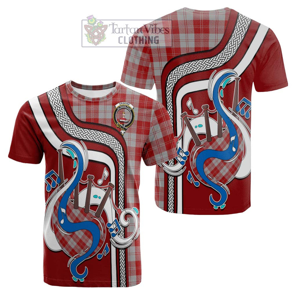 Tartan Vibes Clothing Erskine Red Tartan Cotton T-shirt with Epic Bagpipe Style