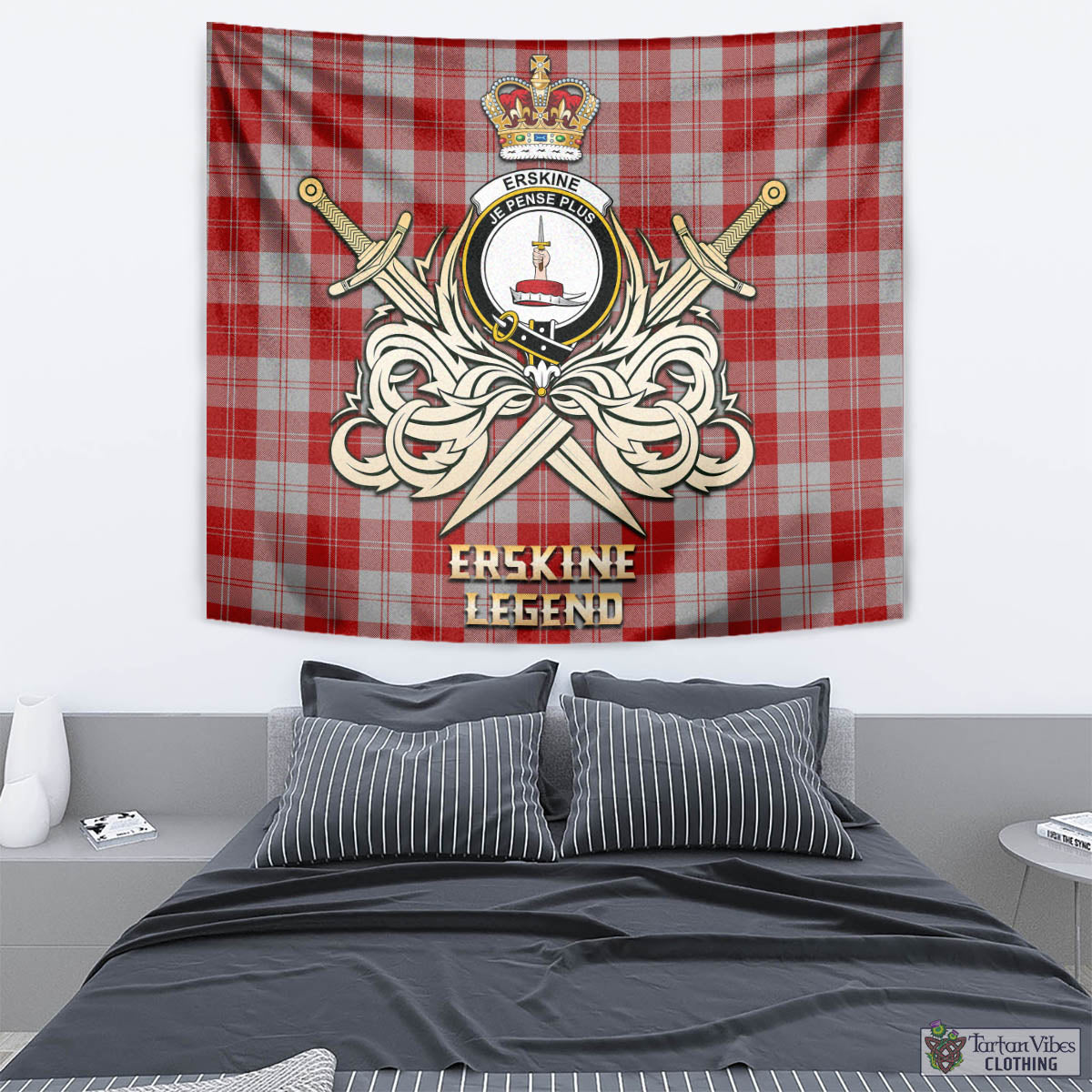 Tartan Vibes Clothing Erskine Red Tartan Tapestry with Clan Crest and the Golden Sword of Courageous Legacy