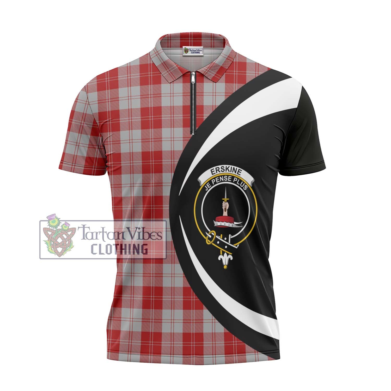 Tartan Vibes Clothing Erskine Red Tartan Zipper Polo Shirt with Family Crest Circle Style