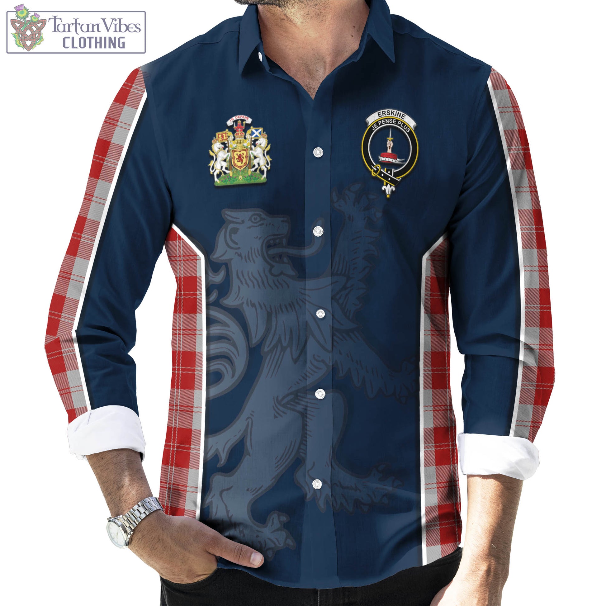 Tartan Vibes Clothing Erskine Red Tartan Long Sleeve Button Up Shirt with Family Crest and Lion Rampant Vibes Sport Style