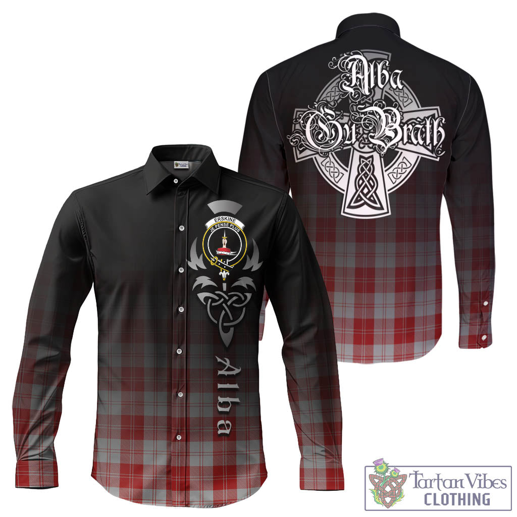 Tartan Vibes Clothing Erskine Red Tartan Long Sleeve Button Up Featuring Alba Gu Brath Family Crest Celtic Inspired