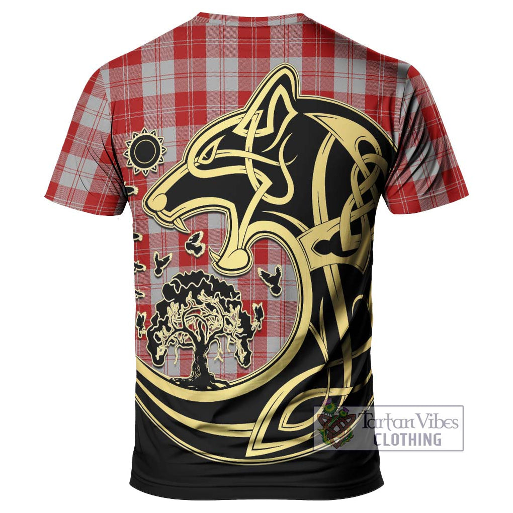 Erskine Red Tartan T-Shirt with Family Crest Celtic Wolf Style - Tartan Vibes Clothing