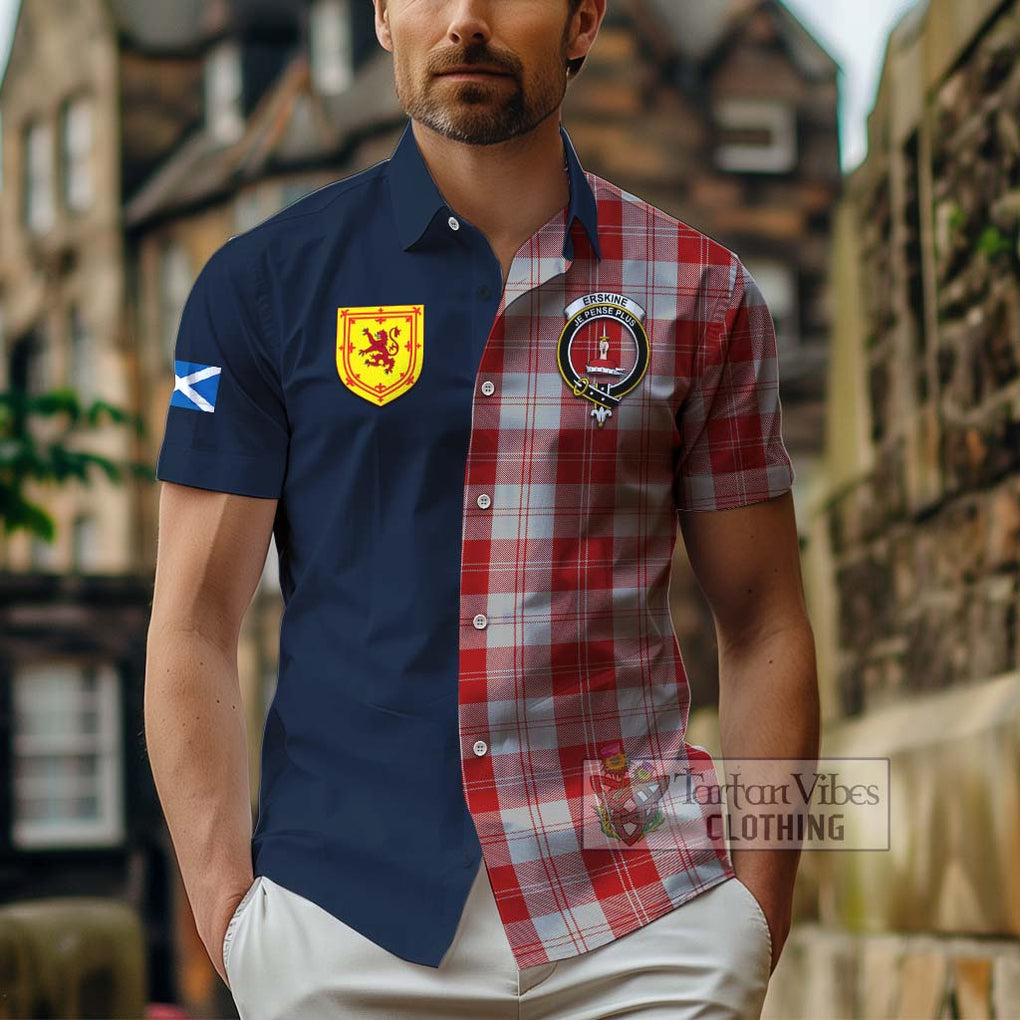 Tartan Vibes Clothing Erskine Red Tartan Short Sleeve Button Shirt with Scottish Lion Royal Arm Half Style